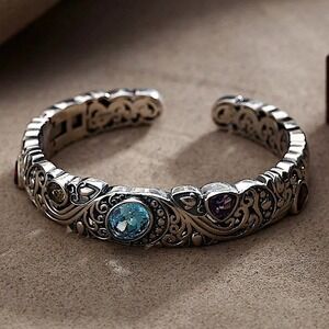 Vintage Sterling Silver Bangle, Multicolor Gemstone Engraved Cuff, Elegant